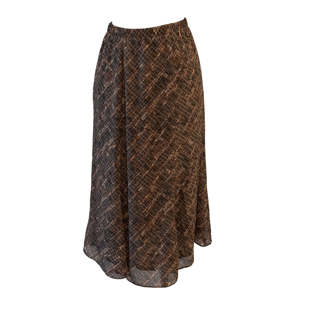 Brown Plaid Chiffon Midi Skirt Women 14W Elastic Waist Lined A-Line RN 66464